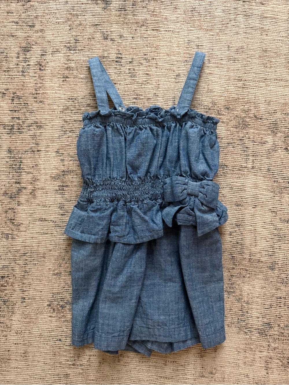 Toddler Blue Chambray Ruffle Romper with Bow